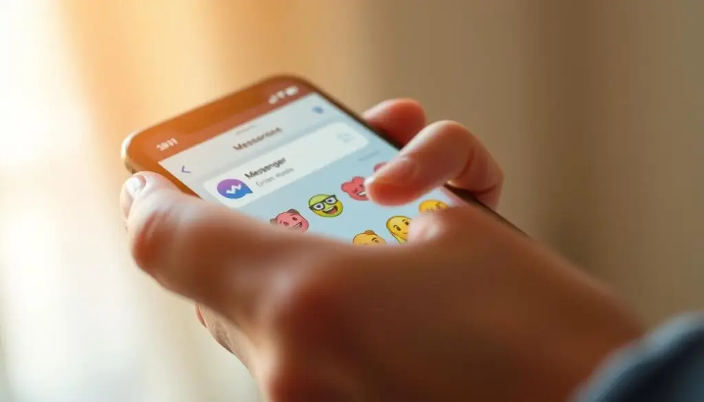 A close-up, detailed view of a hand using a smartphone to navigate the Messenger app interface. The hand is carefully selecting and adding various colorful, expressive emoji icons to a conversation. The icons are depicted with a clean, minimalist aesthetic, appearing to float and animate naturally within the app's UI. The lighting is soft and diffused, creating a warm, inviting atmosphere. The background is slightly blurred, keeping the focus on the hand's intuitive, seamless interaction with the app's emoji selection tools.