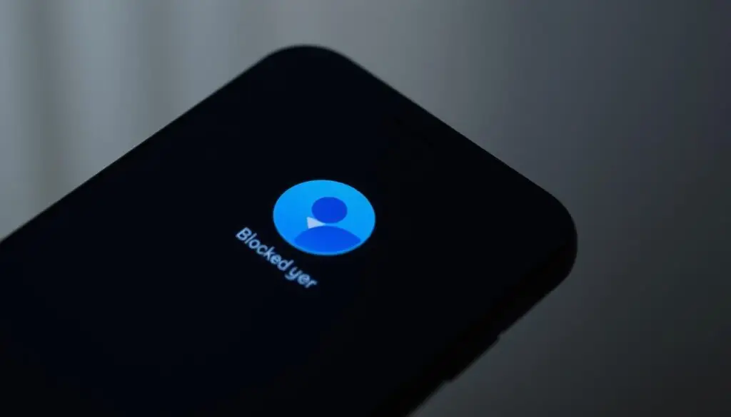 A close-up view of a smartphone screen, displaying the Messenger app interface. The screen is dimmed and the profile picture of a blocked user is shown, surrounded by a faint, grayed-out outline. The background is hazy and out of focus, creating a sense of isolation and separation. The lighting is soft and moody, conveying a somber and contemplative atmosphere. The composition emphasizes the centrality of the blocked user's profile, suggesting the impact and significance of this action within the broader context of digital communication.