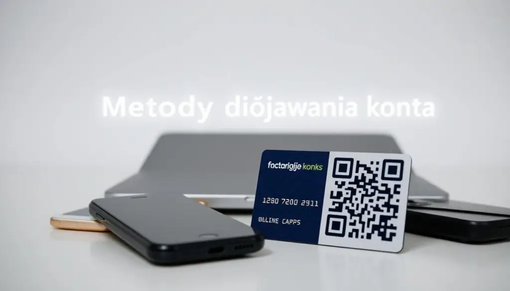 A close-up view of various payment methods and mobile devices, set against a clean, minimalist background. The foreground features a smartphone, a bank card, and a QR code, representing the diverse options for recharging a mobile account, such as through phone, apps, and online banking. The middle ground showcases a tablet or laptop, symbolizing the digital platforms used for these recharge processes. The lighting is soft and evenly distributed, creating a professional and trustworthy atmosphere. The composition is well-balanced, with the elements arranged in a visually appealing manner to convey the simplicity and convenience of the "Metody doładowania konta" experience.
