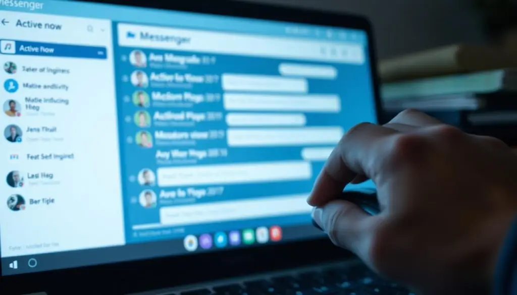 A cluttered digital workspace with a Messenger app window open, displaying a confusing tangle of online activity indicators. The screen is bathed in a dim, bluish hue, creating a sense of uncertainty and frustration. In the foreground, a user's hand hovers over the mouse, unsure of how to interpret the conflicting status updates. The background is blurred, emphasizing the focus on the problematic synchronization of the messaging platform. The overall scene conveys the user's bewilderment and the challenges of deciphering the meaning behind Messenger's elusive "active now" indicator.