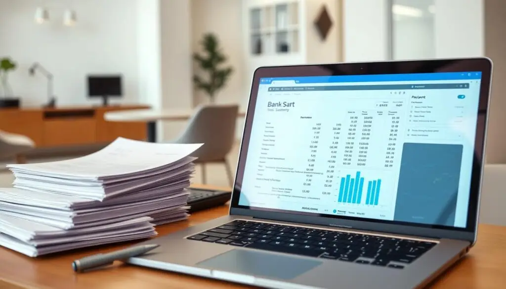 A detailed scene of electronic and paper bank statements. In the foreground, a laptop displaying a digital statement with charts and figures. Beside it, a stack of crisp, white paper statements neatly organized. The middle ground features a modern office desk with a pen, calculator, and other banking accessories. The background showcases a minimalist, well-lit interior with sleek, contemporary furniture and decor, creating a professional, yet welcoming atmosphere. The lighting is soft and diffused, highlighting the contrast between the digital and physical elements. The overall composition conveys the coexistence and convenience of both electronic and traditional banking documents.