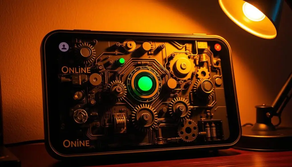 A highly detailed, technical diagram of the inner workings and mechanisms behind the "online activity" indicator in the Messenger app. The scene shows a cutaway view of a Messenger interface, revealing a complex network of gears, circuits, and sensors that monitor user activity and trigger the green dot. Warm lighting from a desk lamp illuminates the intricate machinery, casting dramatic shadows. The overall mood is one of fascination and curiosity about the hidden systems powering this ubiquitous digital signal. The composition emphasizes the mechanical and technological nature of the subject, inviting the viewer to appreciate the engineering behind the seemingly simple user experience.