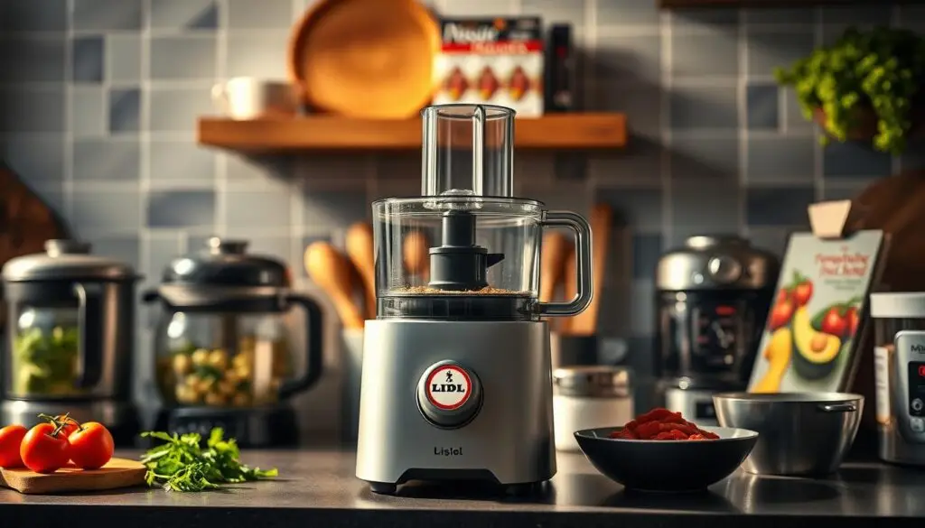A kitchen countertop scene with a Lidl food processor prominently displayed, surrounded by various kitchen appliances and cookbooks. The Lidl processor is the focal point, illuminated by warm, natural lighting casting gentle shadows. The background is blurred, conveying a sense of culinary harmony and compatibility between the appliances. The overall mood is one of efficiency, functionality, and the seamless integration of technology in the modern kitchen.