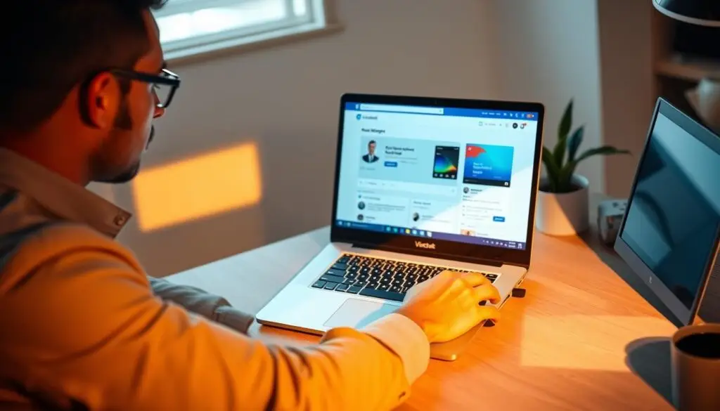 A professional, clean-cut business person sitting at a desk, intently working on a laptop displaying the Facebook Business Manager interface. The scene is bathed in warm, directional lighting, casting subtle shadows that add depth and dimension. The office environment is minimalist and organized, with a plant and a few personal touches visible in the background, conveying a sense of balance between work and personal life. The overall mood is one of focused productivity and efficient management of digital assets and accounts.