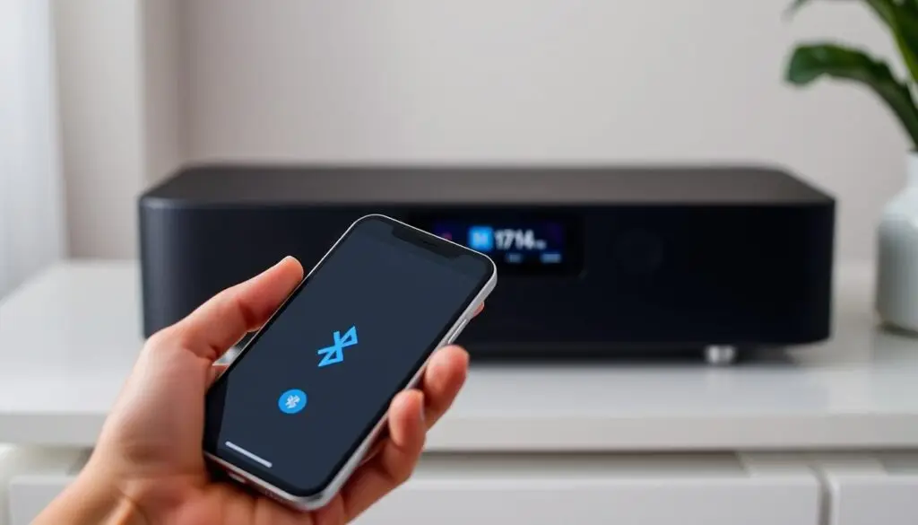 A sleek, contemporary Bluetooth-enabled audio system, its smooth black surface and clean lines illuminated by soft, diffused lighting. The Bluetooth icon prominently displayed on the front panel, signaling the connection point. In the foreground, a hand gently holds a smartphone, the screen showing the device pairing process. The background fades into a minimalist, clutter-free setting, emphasizing the simplicity and seamlessness of the Bluetooth integration. The overall composition conveys a sense of effortless connectivity, inviting the viewer to imagine the ease of linking their device to the audio system.