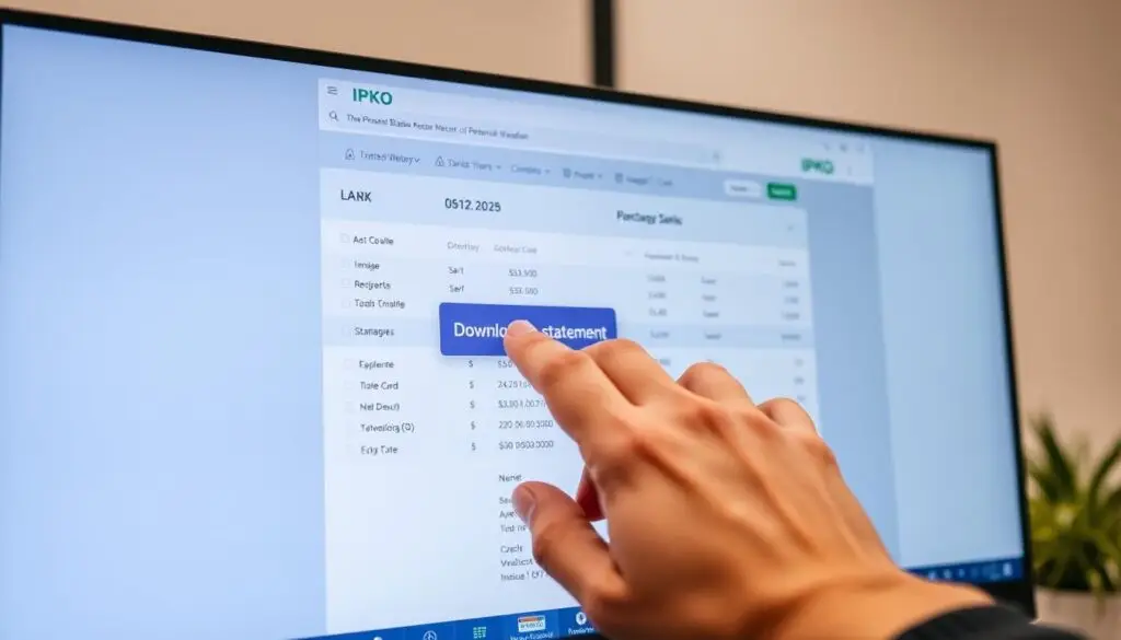 A sleek, modern computer interface depicting the process of downloading a bank statement from an IPKO account. The screen displays a clean, minimalist design with crisp, high-resolution graphics. The foreground shows a hand navigating through the online banking platform, gently clicking on the "Download Statement" button. The middle ground features neatly organized financial data and transaction history, while the background subtly showcases the IPKO logo and branding elements. The overall scene conveys a sense of efficiency, security, and user-friendly accessibility, reflecting the seamless experience of obtaining a personal banking record.