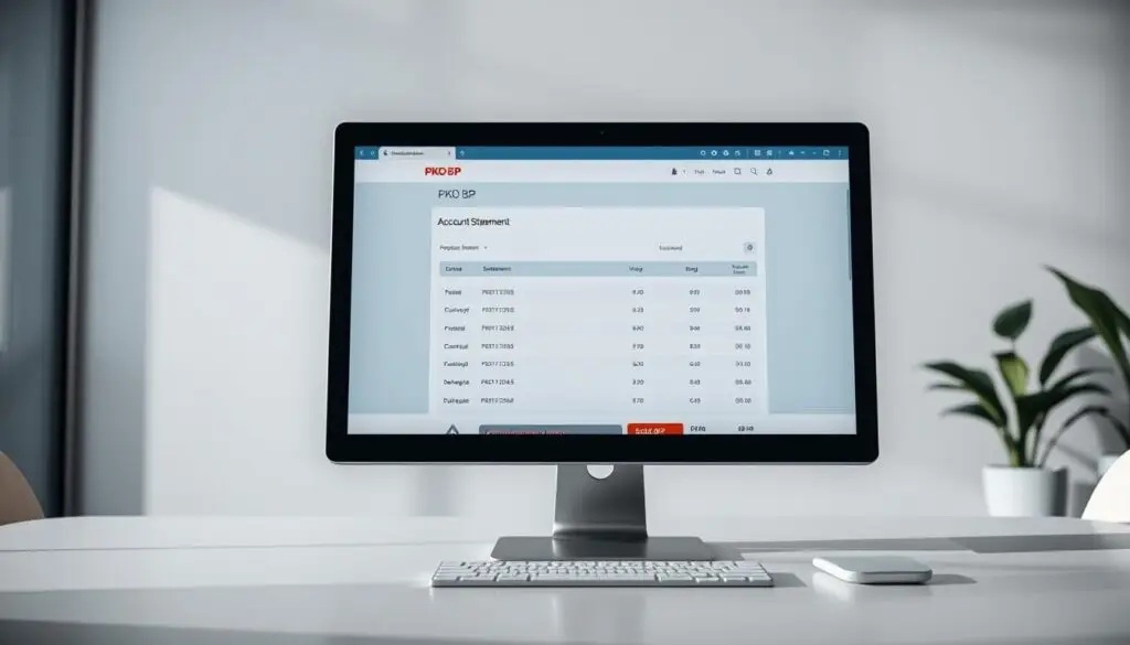 A sleek, modern desktop computer screen displaying the online banking interface of PKO BP, Poland's largest bank. The screen shows the "Account Statement" section, with a clean and intuitive layout. The background is a minimalist, neutral-toned office setting, with subtle shadows and lighting creating depth and atmosphere. The overall impression is one of professionalism, efficiency, and ease of use, reflecting the straightforward process of downloading a bank statement from the PKO BP online platform.