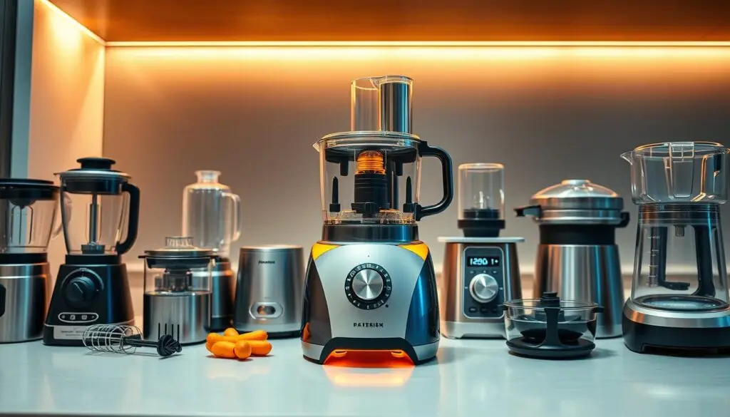 A sleek, modern kitchen counter with an array of advanced robotic kitchen appliances arranged in an organized display. The centerpiece is a versatile, multi-functional food processor with precise dials and intuitive controls, casting a soft glow under warm, overhead lighting. Surrounding it are a high-tech blender, a precision scale, and other specialized tools for chopping, mixing, and kneading. The scene exudes a sense of efficiency, innovation, and culinary mastery, perfectly capturing the diverse capabilities of these cutting-edge kitchen robots.