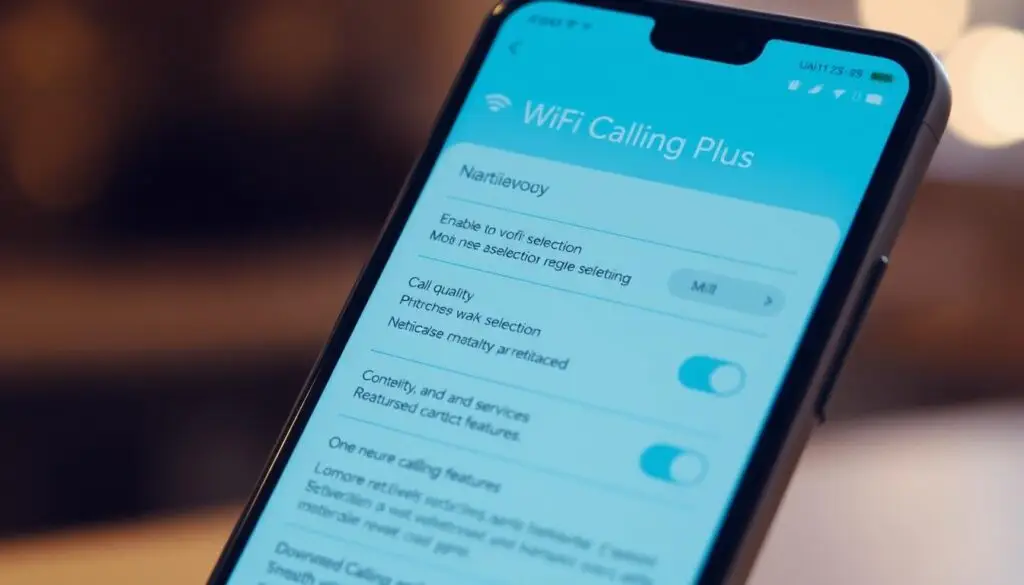 A sleek, modern smartphone screen displaying the "WiFi Calling Plus" interface. The foreground shows the app's main menu, with clear options for enabling and configuring the service. The middle ground features detailed settings, including network selection, call quality, and advanced features. The background blurs softly, highlighting the smartphone's design elements and creating a sense of depth. Bright, warm lighting illuminates the scene, conveying a user-friendly and intuitive experience. The overall mood is one of technological sophistication and seamless connectivity.