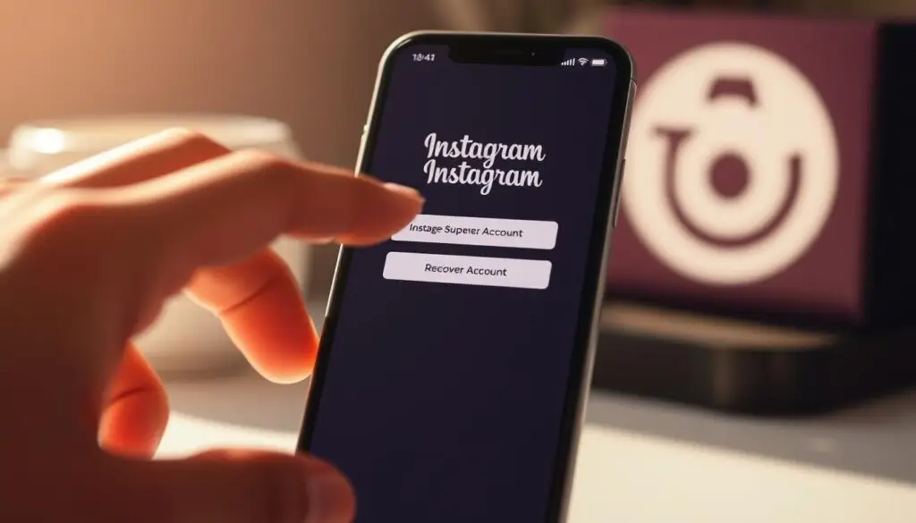 A sleek, modern smartphone screen displays the Instagram login interface, with a person's hand reaching towards the "Recover Account" button. The scene is bathed in a soft, warm light, creating a sense of hope and resolution. In the background, subtle visual cues like Instagram's iconic logo and interface elements provide context, while the overall composition conveys a sense of focus and determination to regain control of the suspended account.