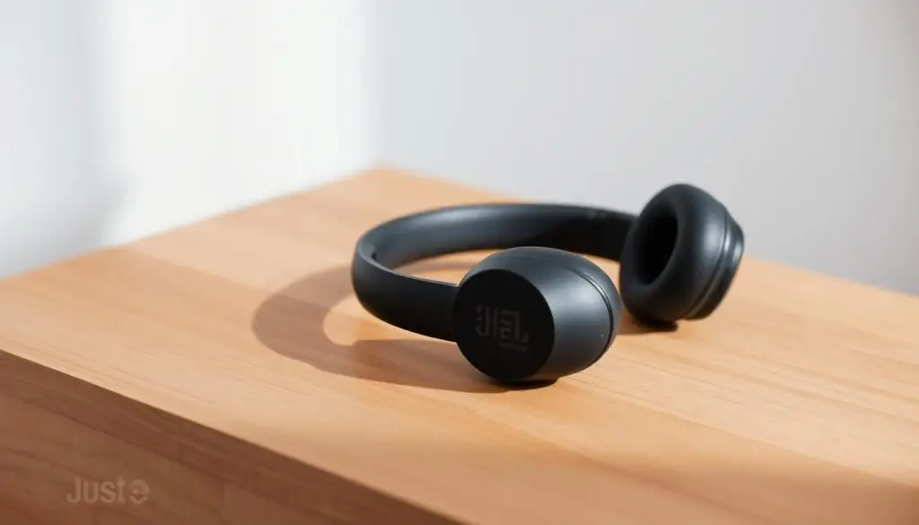 A sleek pair of JBL wireless headphones resting on a minimalist wooden surface, their matte black finish contrasting with the warm-toned wood. The headphones are positioned at a slight angle, highlighting their streamlined silhouette. Soft, directional lighting casts subtle shadows, emphasizing the headphones' form and texture. The background is a clean, uncluttered space, allowing the headphones to be the focal point. The scene conveys a sense of simplicity and focus, inviting the viewer to consider the process of charging these wireless audio devices.