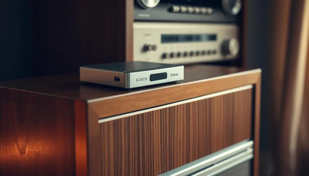 A stylish bluetooth adapter sits atop a classic stereo tower, its sleek silver casing blending seamlessly with the wood-paneled facade. Soft, warm lighting illuminates the scene, casting a cozy, vintage ambiance. The adapter's discreet design and integrated controls evoke a sense of modern convenience harmoniously integrated with the timeless aesthetic of the retro audio setup. The composition captures the elegance of bridging old and new, showcasing how this adapter can breathe new life into a beloved, well-worn stereo system.