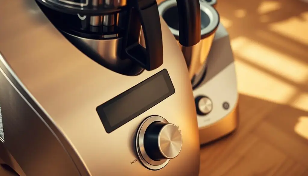 A stylish, high-angle shot showcasing the distinct features of two premium kitchen appliances - the Thermomix and the Lidlomix. In the foreground, the sleek, brushed-metal surfaces of the Thermomix stand out, its display panel and control knobs neatly arranged. In the middle ground, the Lidlomix appears, its more angular, plastic-based design creating a visual contrast. The background is softly blurred, emphasizing the technical details of the machines. Warm, natural lighting casts subtle shadows, highlighting the textures and materials of each device. The overall composition conveys the differences in design, functionality, and positioning between these two high-end kitchen companions.