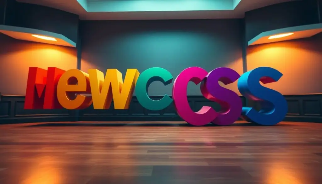 A stylized text composition showcasing the power of CSS in typography. The foreground displays vibrant, fluid letterforms in a captivating blend of colors, creating a mesmerizing visual language. The middle ground features a minimalist grid structure, hinting at the underlying technical framework that enables such expressive type design. The background subtly echoes the color palette, providing a sophisticated, yet welcoming atmosphere. Warm lighting casts soft shadows, adding depth and dimension to the overall scene. Captured with a wide-angle lens to emphasize the scale and grandeur of the typographic artwork, inviting the viewer to immerse themselves in the creative potential of CSS.