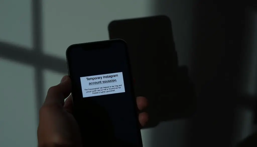 A temporary Instagram account suspension displayed on a smartphone screen, casting a foreboding shadow. The interface shows a stark message against a dark, minimalist background, conveying a sense of uncertainty and disruption. The device is held in a hand, emphasizing the personal impact of this situation. Soft, directional lighting creates dramatic shadows, adding to the ominous atmosphere. The composition focuses on the screen, minimizing distractions and drawing the viewer's attention to the core issue at hand.