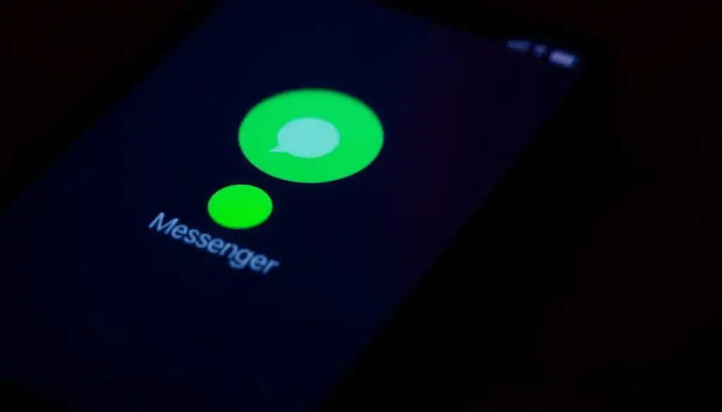 a detailed close-up view of a smartphone screen showing the Messenger app interface, with a large green dot indicator representing the user's active status. The screen is dimly lit, casting a soft, moody glow. The background is blurred, emphasizing the smartphone and the Messenger app's interface. The green dot is prominently displayed, drawing the viewer's attention to the feature that allows users to hide their active status on the platform. The overall scene conveys a sense of privacy and control over one's online presence.